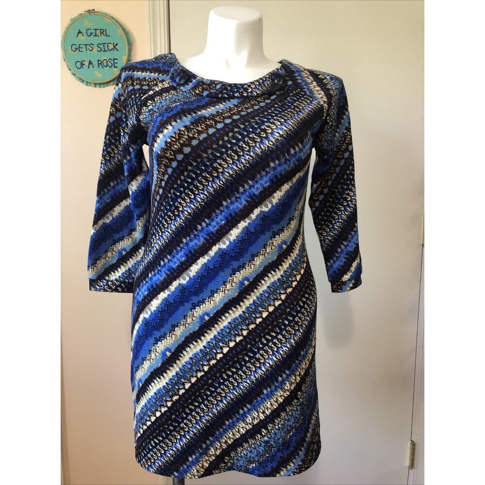 Anthropologie Aryeh Sweater Dress Blue White Midi Large Boho 3/4 Sleeve Stretch